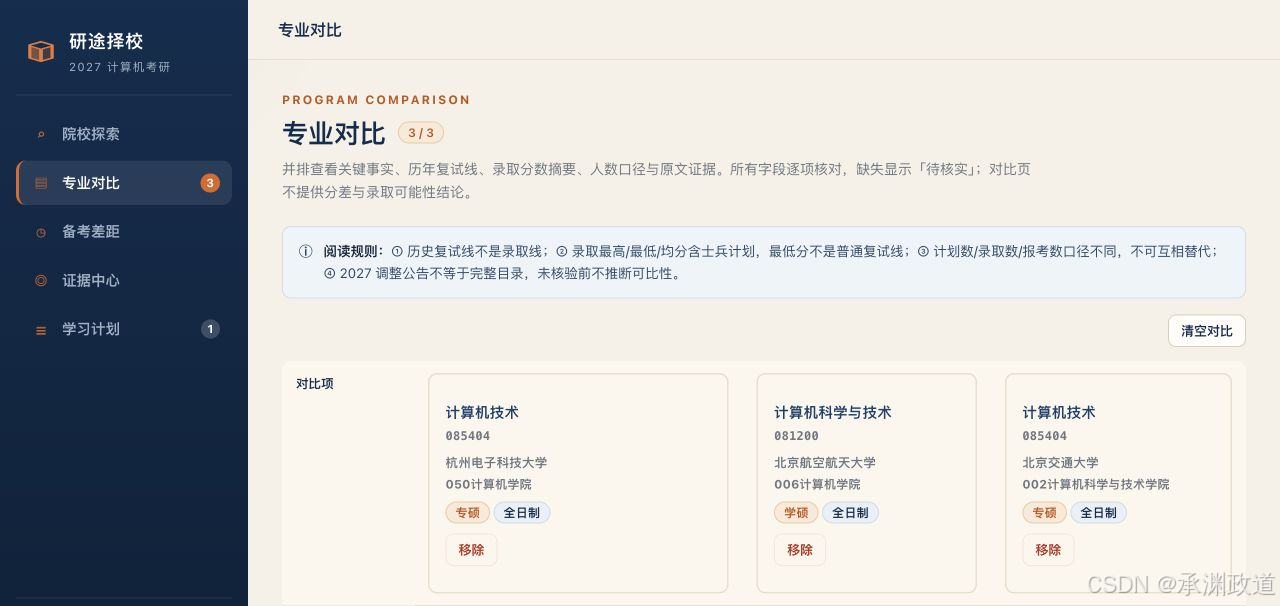 专业对比页面