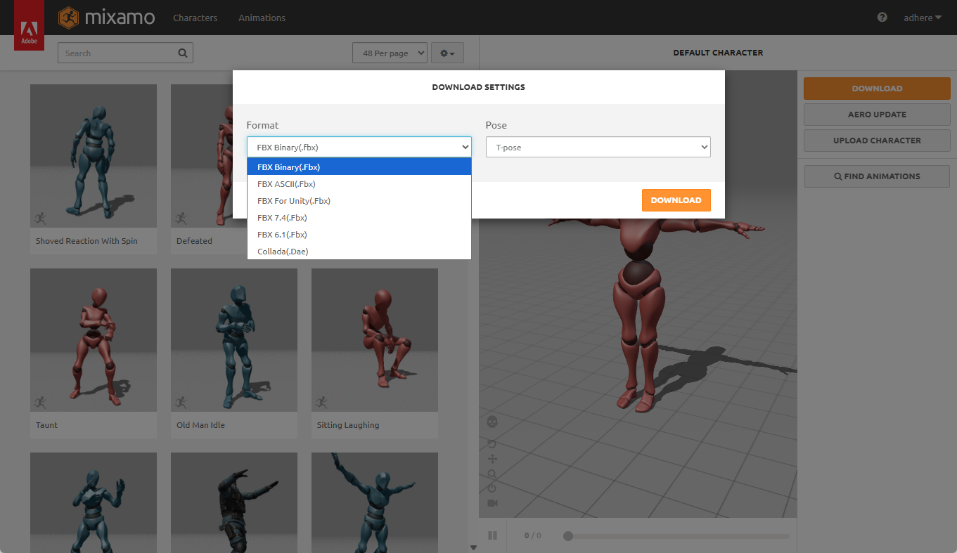 Mixamo导出的类型为FBX