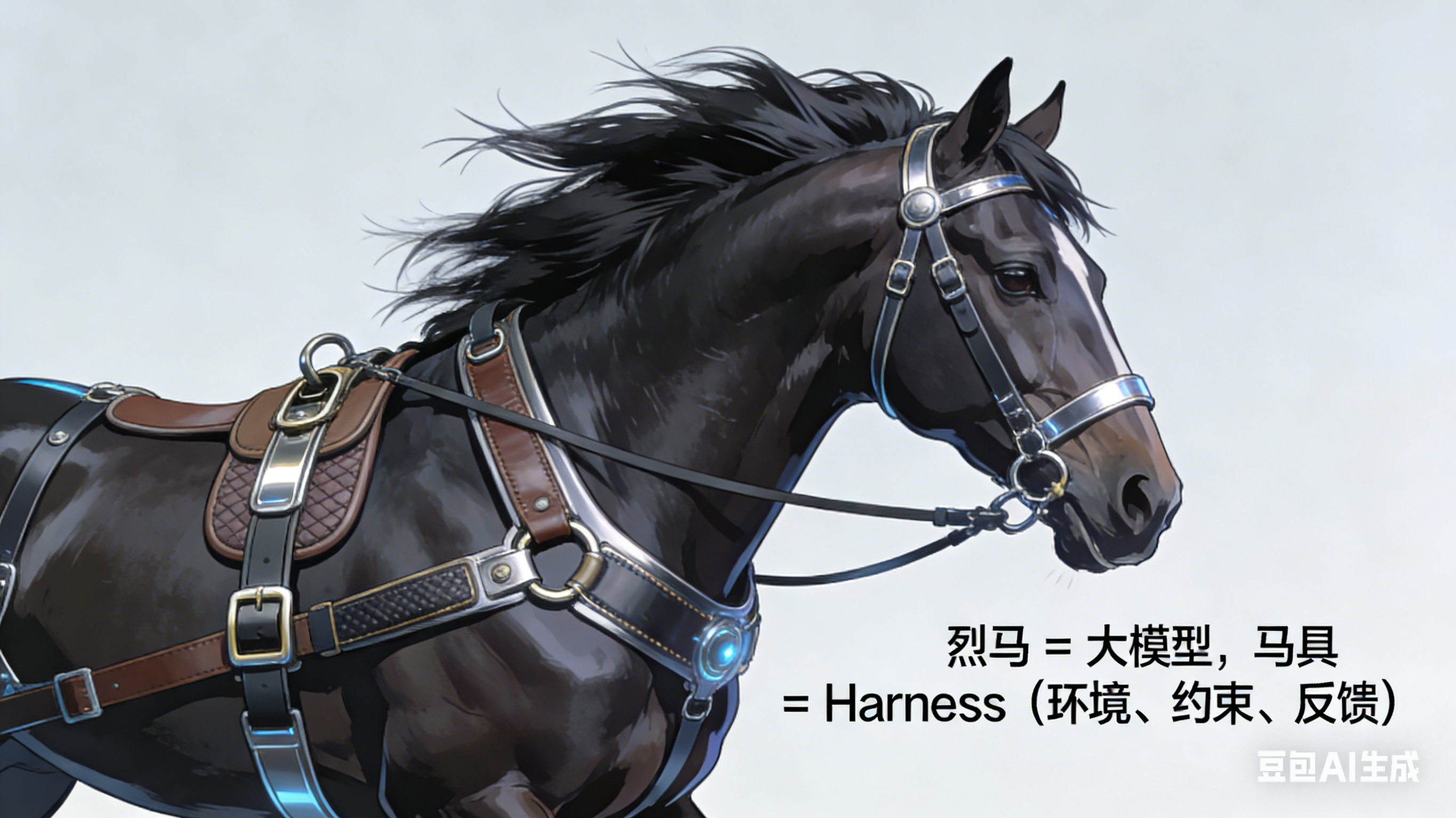 [图1：Harness Engineering概念图 - 一匹烈马被套上精致的马具，旁边标注“烈马 = 大模型，马具 = Harness（环境、约束、反馈）”]