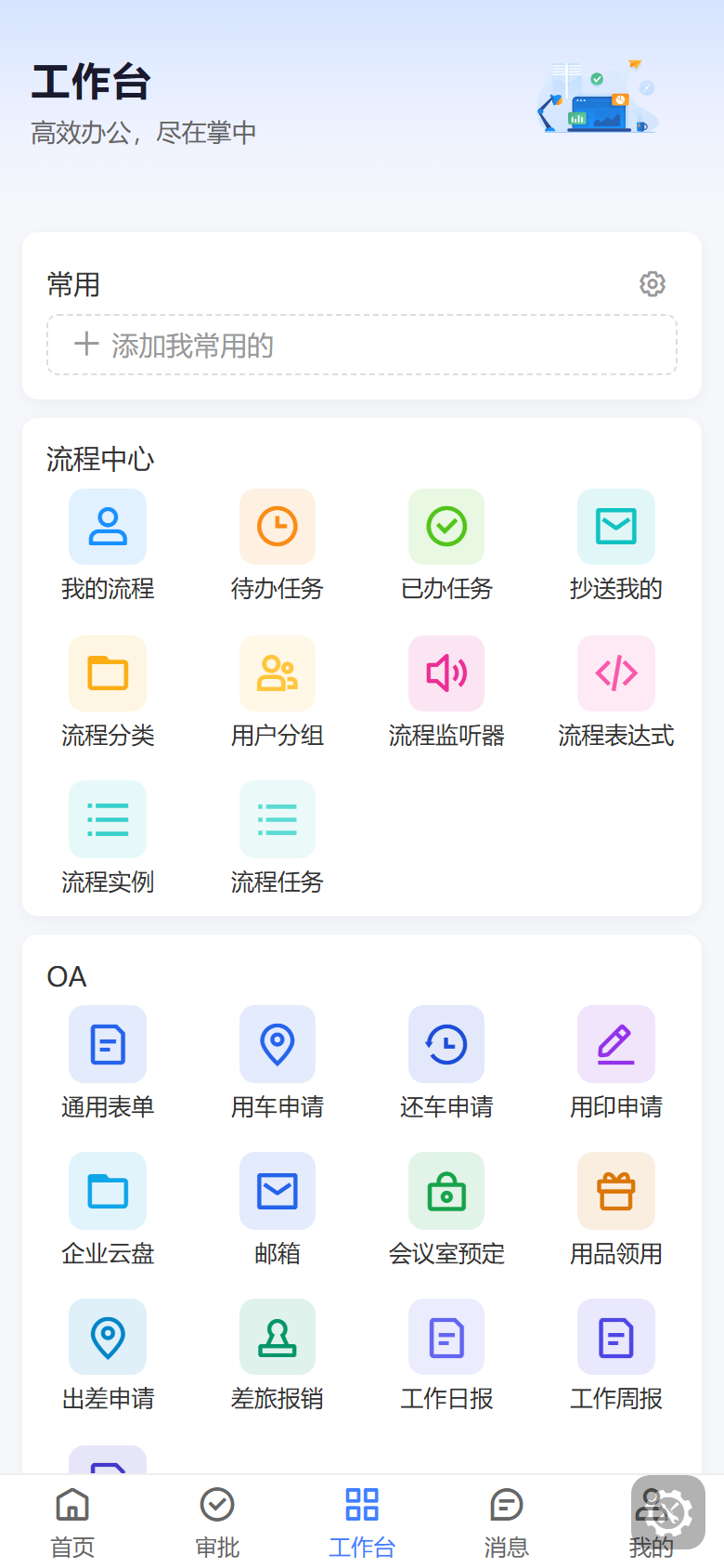 移动端工作台：常用、流程中心和 OA 九宫格