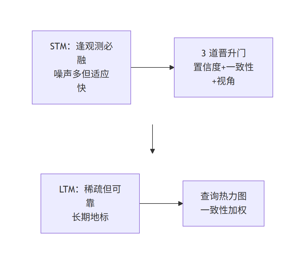 STM 到 LTM 晋升与查询加权流程总结图
