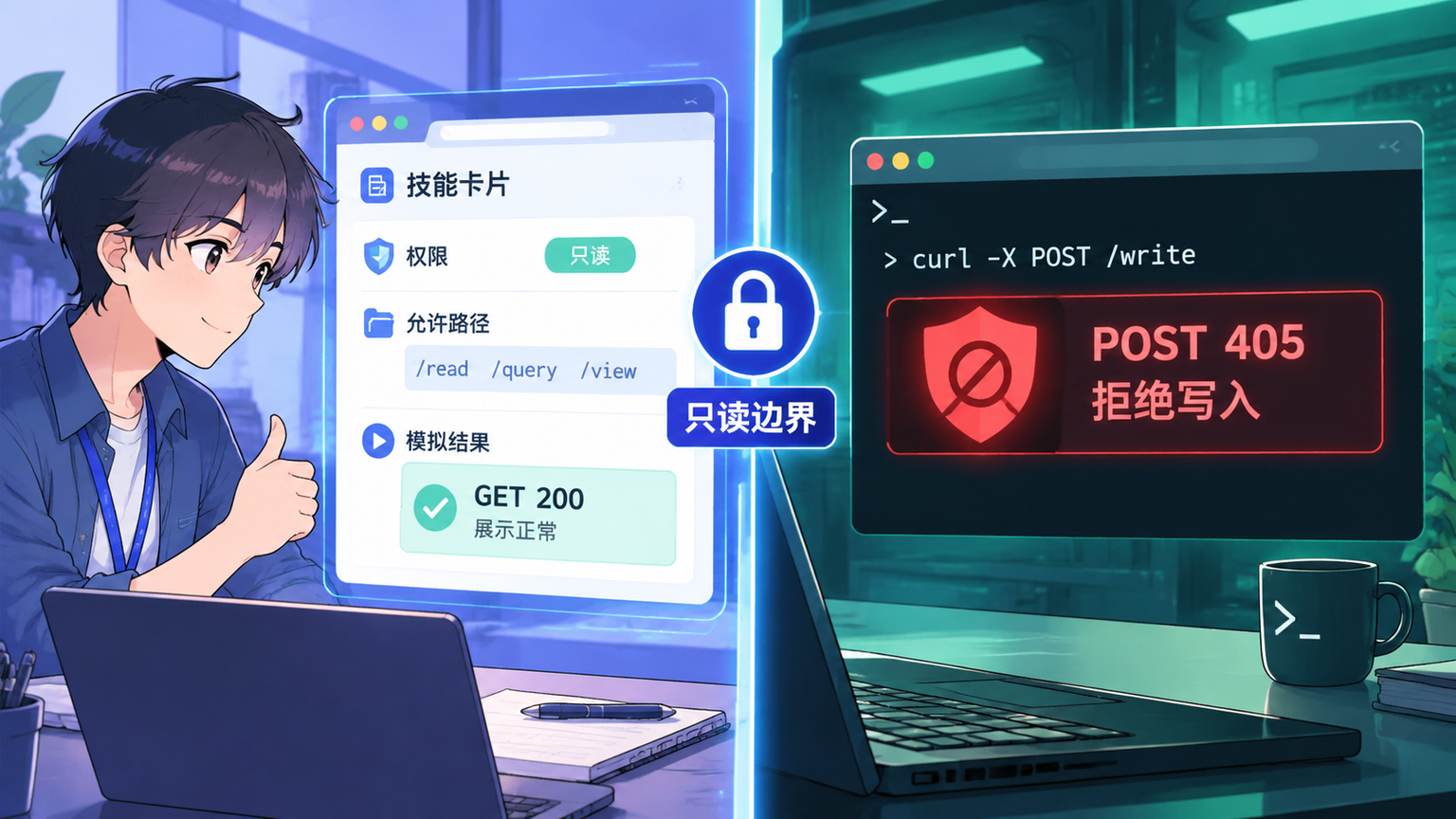 只读技能页面 GET 请求展示正常，POST 写请求返回 405