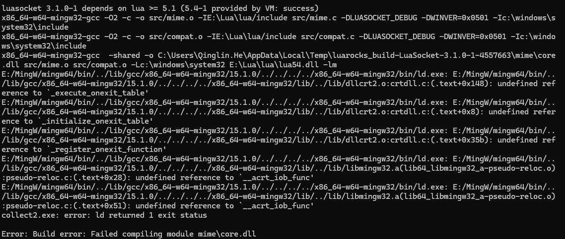 windows luarocks安装luasocket 报错Failed compiling module mime\core.dll ...