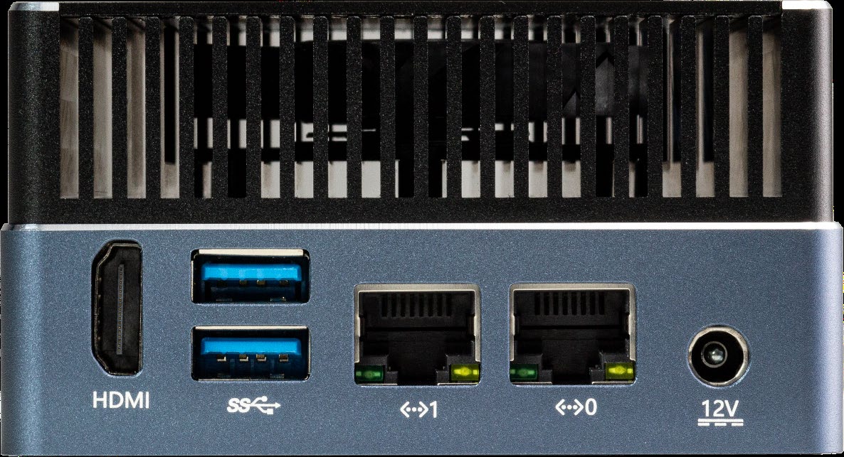 AIBOX-8550 背面接口:HDMI / USB3.0 / 双 RJ45 / 12V