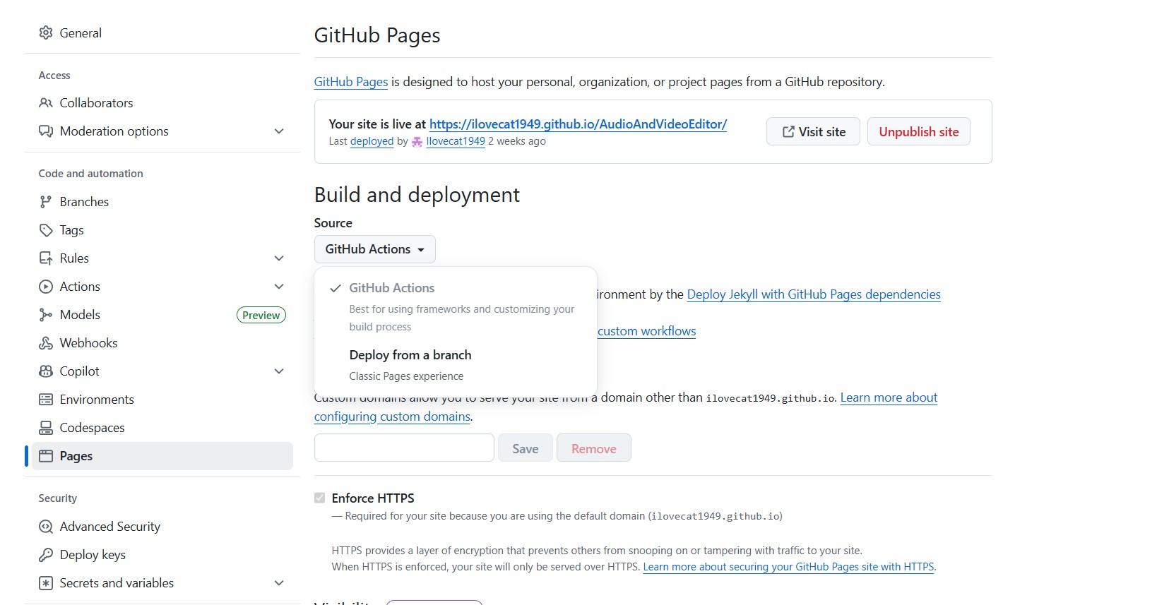 GitHubPages设置界面