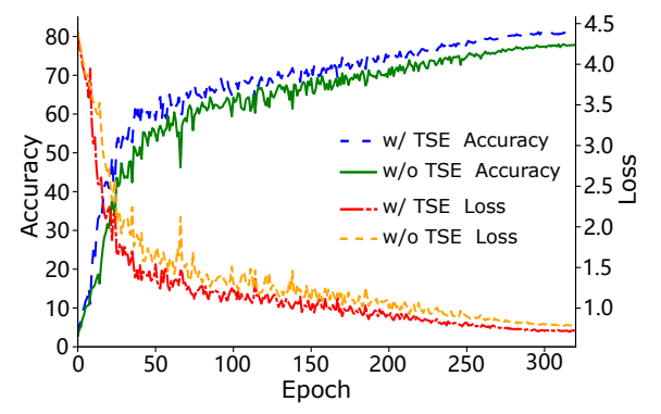 Comparison of accuracy and loss curves during training w/ and w/o TSE.
