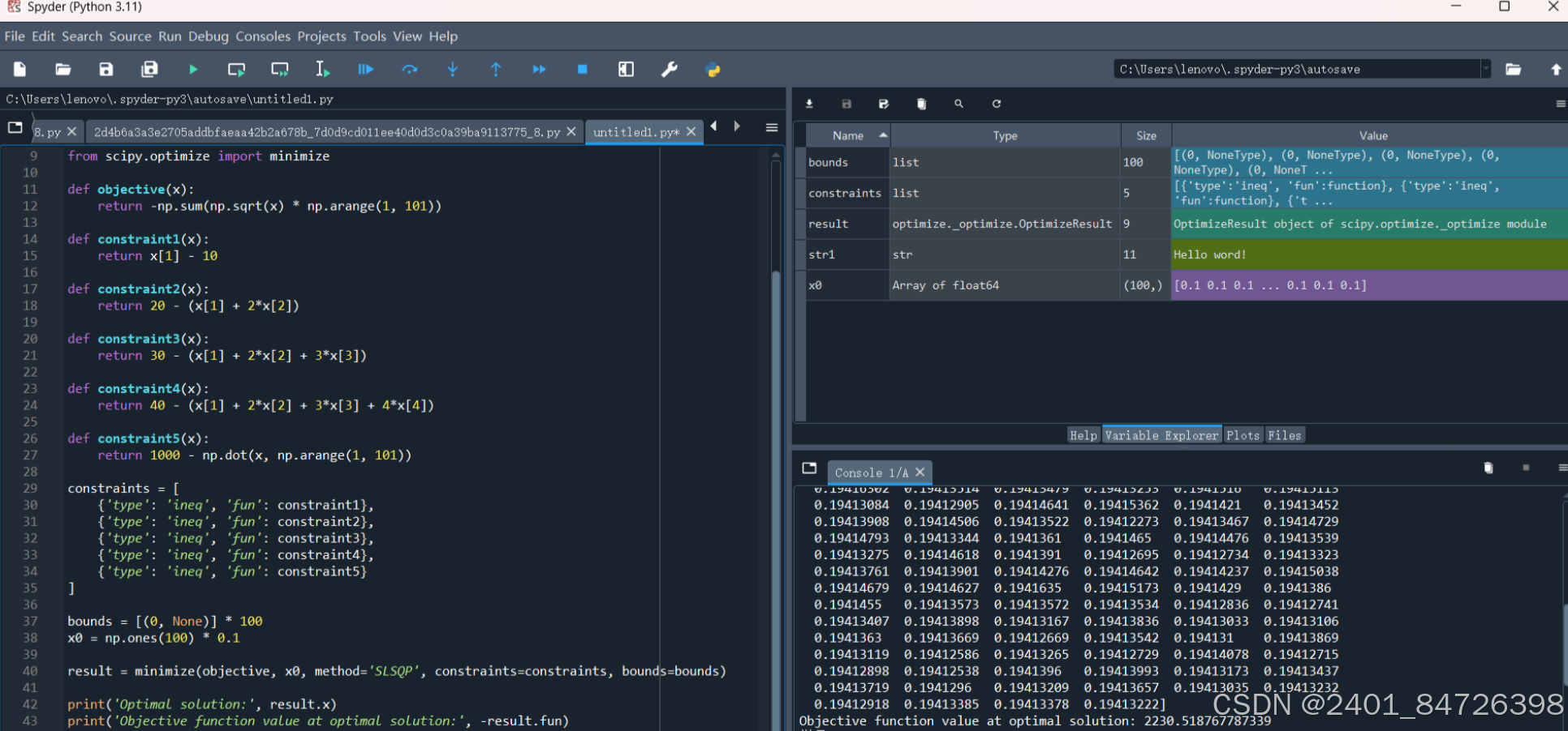 python作业_sol = minimize(objective, x0, method='slsqp', boun-CSDN博客