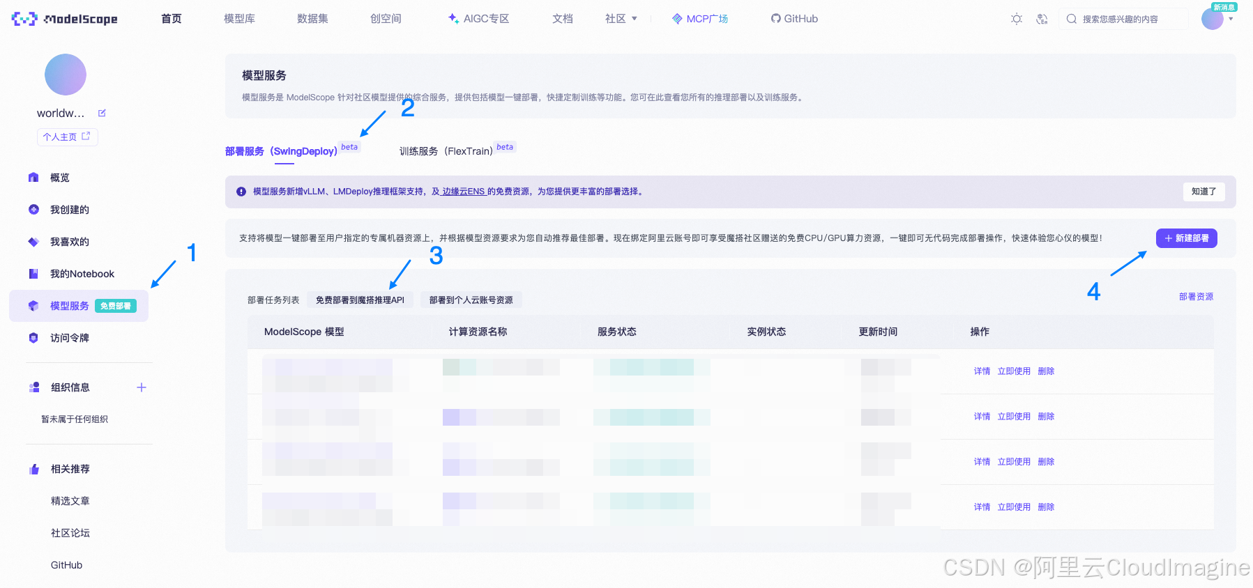 魔搭社区新建部署界面