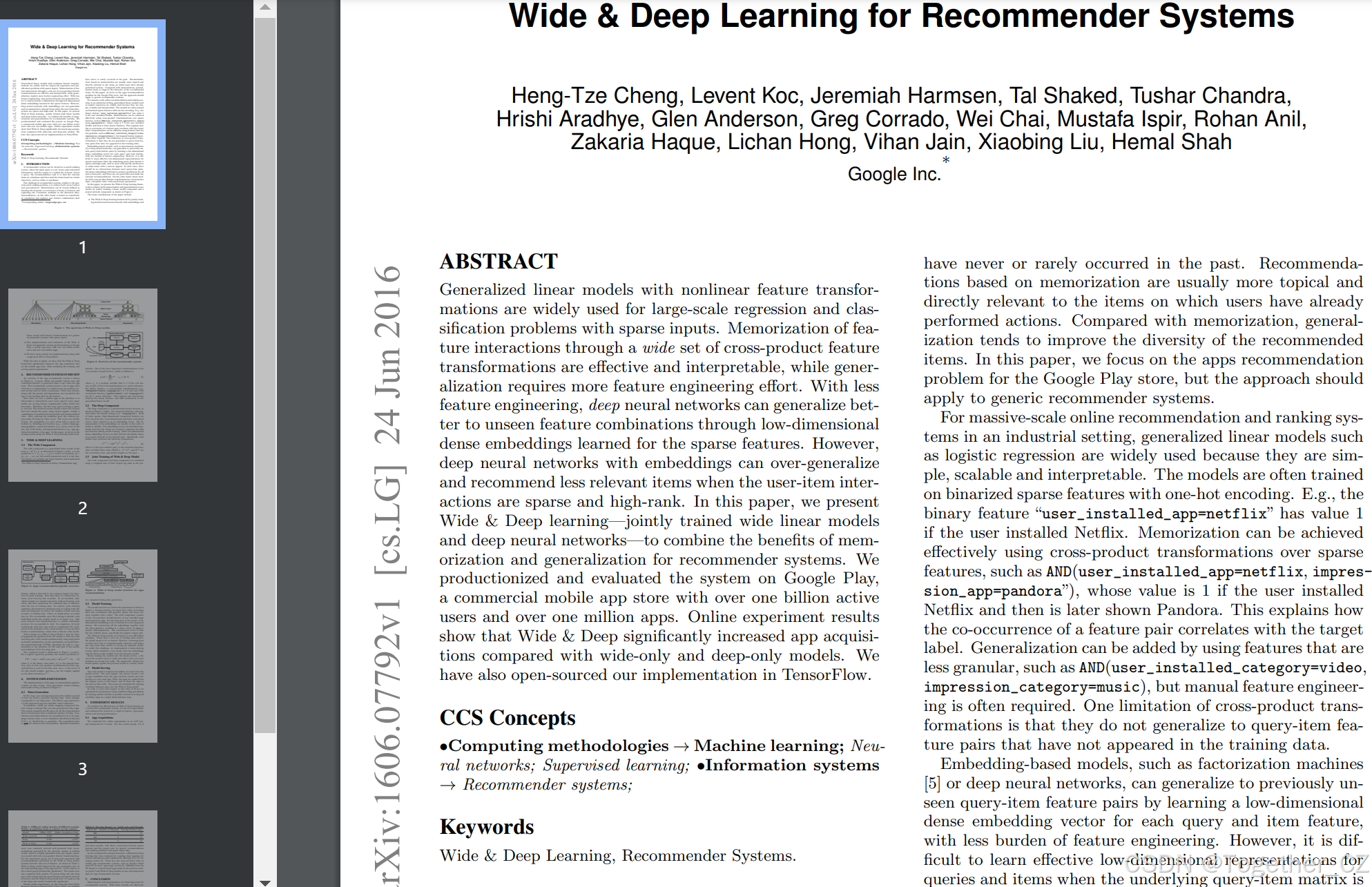 Wide & Deep Learning for Recommender Systems——用于推荐系统的Wide & Deep学习-CSDN博客