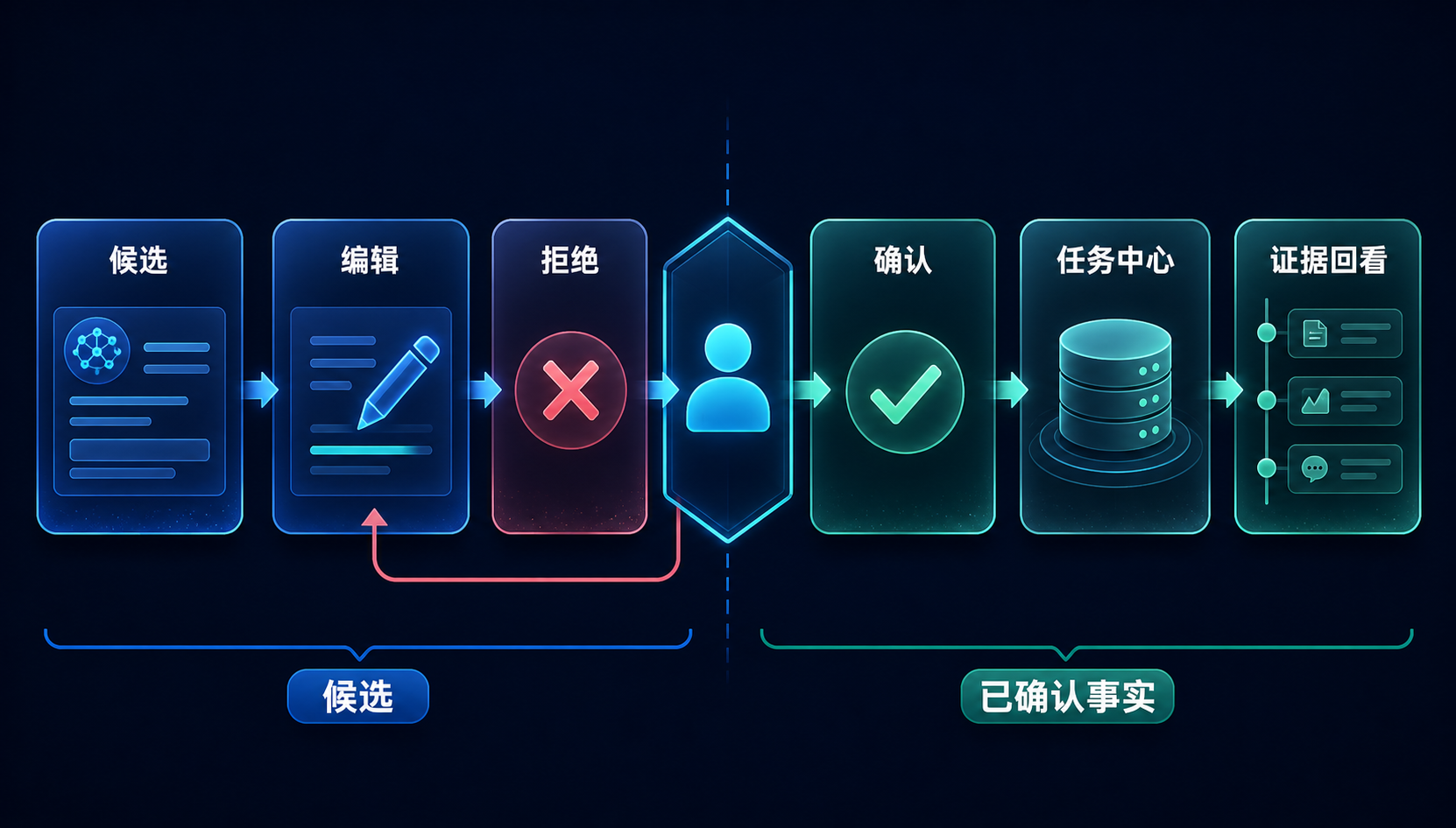 候选到已确认事实的人机协同生命周期
