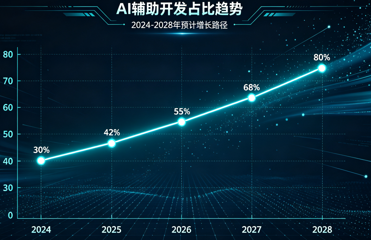 📸【配图文案】一张时间线趋势图,横轴为2024-2028年,纵轴为“AI辅助开发占比”,曲线从30%上升到80%,背景是数据流动的光效。