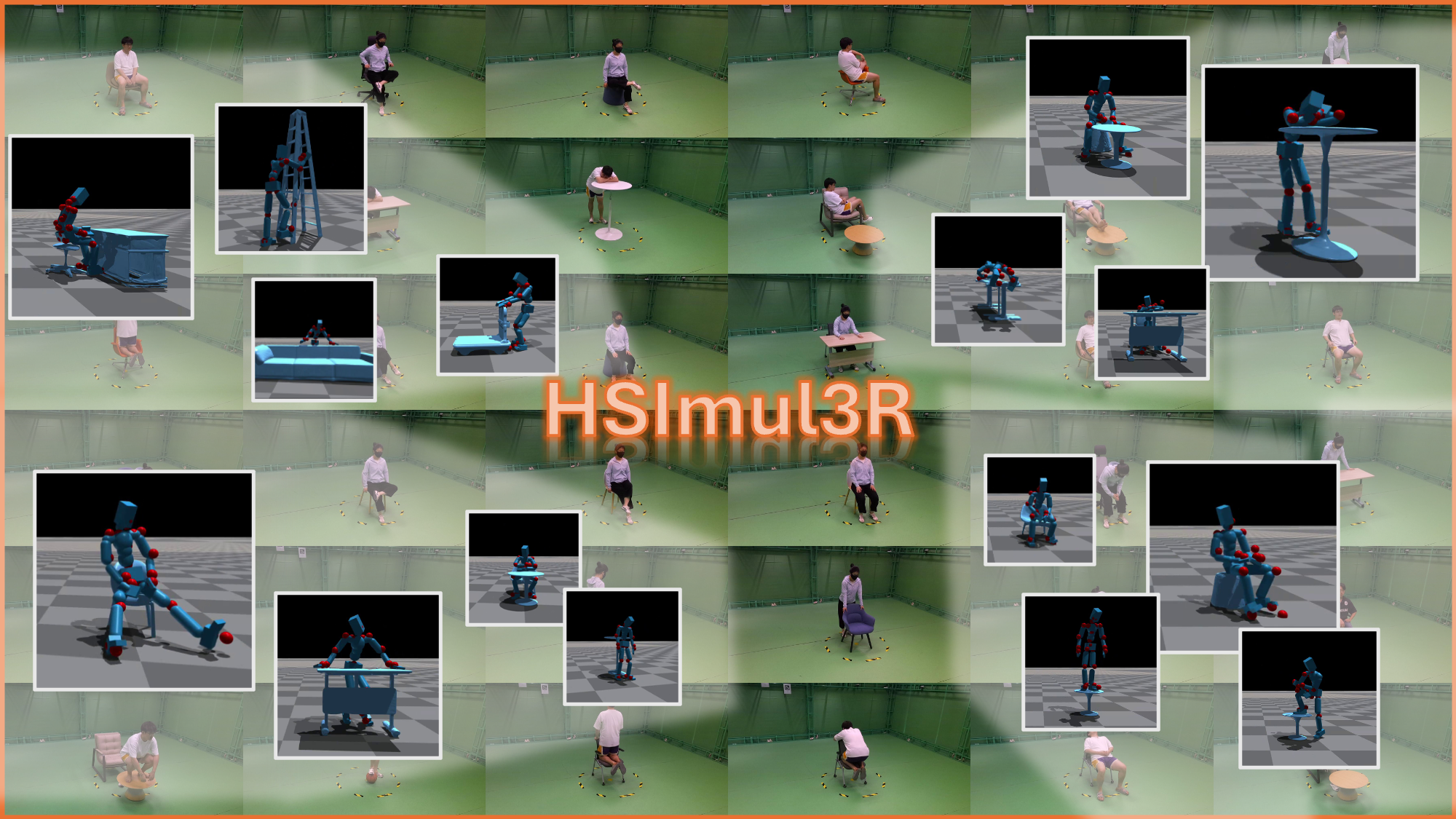 HSIBench 数据集概览：多样椅子桌子沙发交互场景与仿真结果