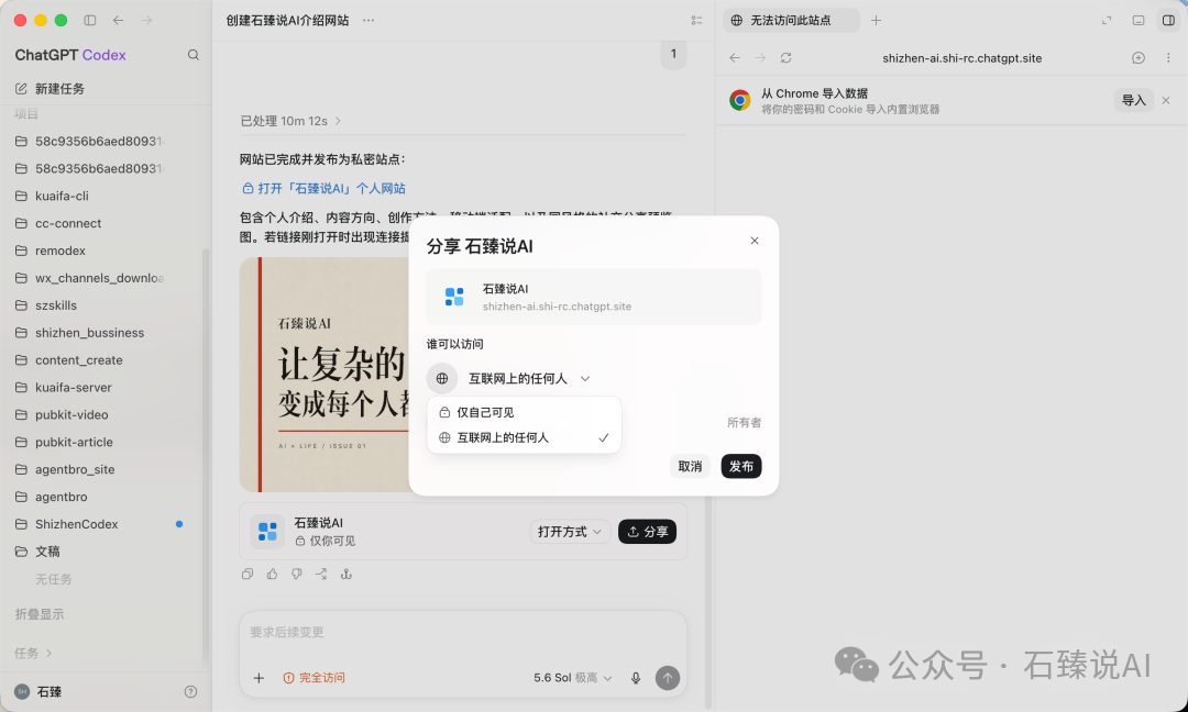 分享窗口可将站点从仅自己可见改为互联网上的任何人并发布