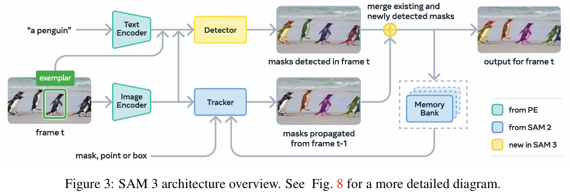 SAM 3 架构概览,模型由一个检测器和一个追踪器组成,共享一个视觉主干网络(Perception Encoder)