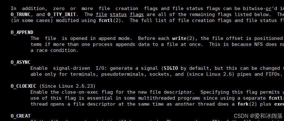 open 的 flags 用来描述打开方式，mode 用来描述新文件权限。
