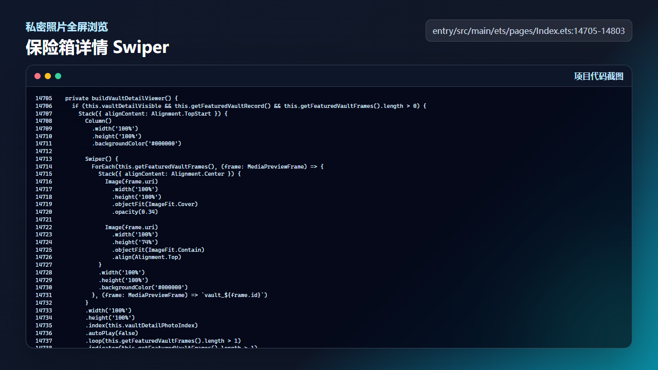 buildVaultDetailViewer 使用 Swiper 展示私密照片帧