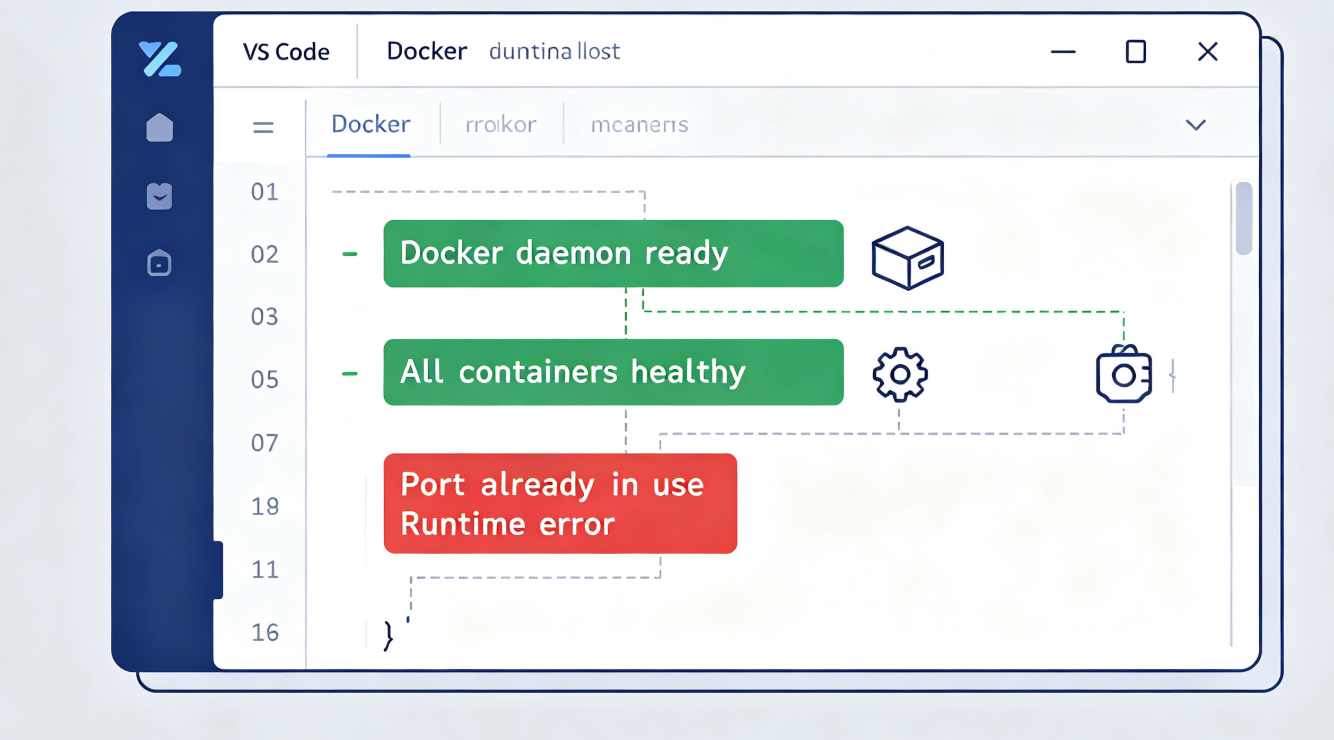 📸【配图文案】一张VS Code中显示Docker运行日志的截图,包含红色的错误信息和绿色的成功日志,技术插图,蓝白风格,高逼格小清新