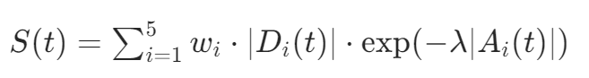 [
S(t) = \sum_{i=1}^5 w_i \cdot |D_i(t)| \cdot \exp(-\lambda |A_i(t)|)
]