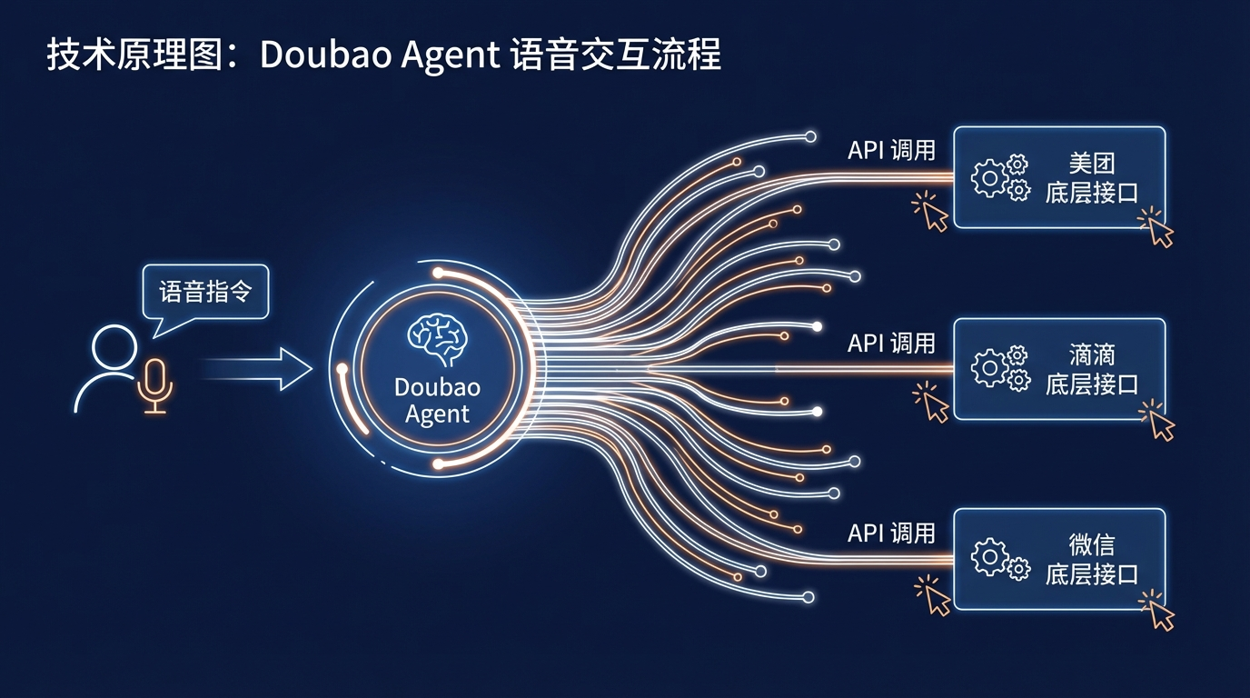 [图片素材建议：一张技术原理图。用户发出语音指令，中间是 Doubao Agent，右边是 Agent 伸出无数只“触手”，直接点击了美团、滴滴、微信的底层接口。]