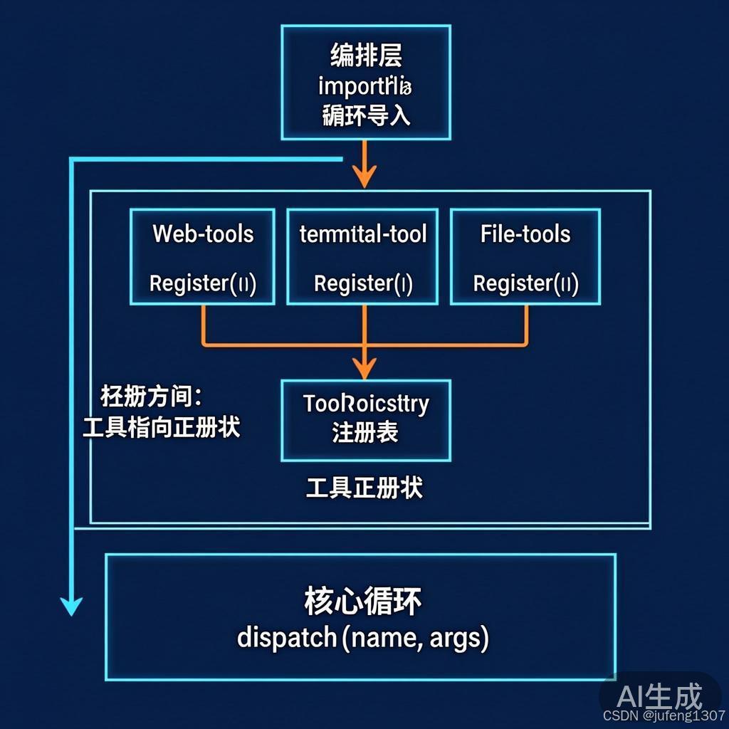 流程图:import → register 自动执行 → 注册表填充