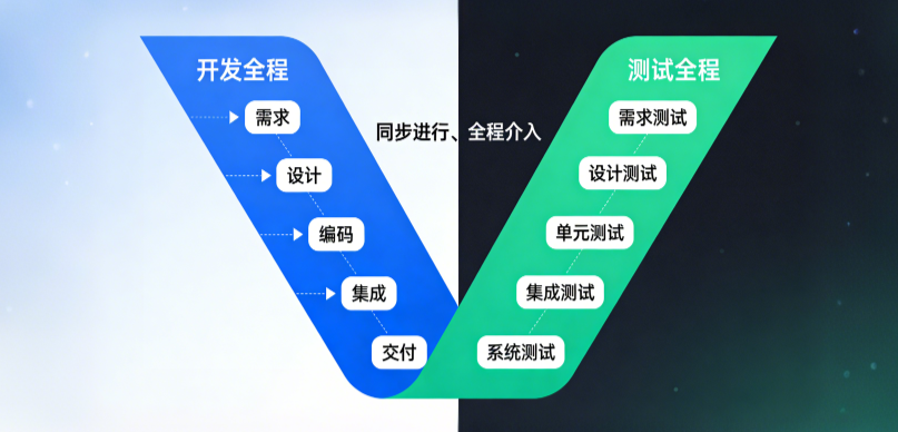 【配图建议：双V并行流程图，一个V代表开发全流程（需求→设计→编码→集成→交付），另一个V代表测试全流程（需求测试→设计测试→单元测试→集成测试→系统测试），标注“同步进行、全程介入”，突出双V并行的特点】