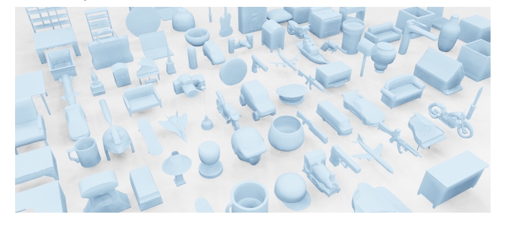 Meshes generated by our method. GetMesh is able to generate diverse and high-quality meshes across the 55 categories in ShapeNet.