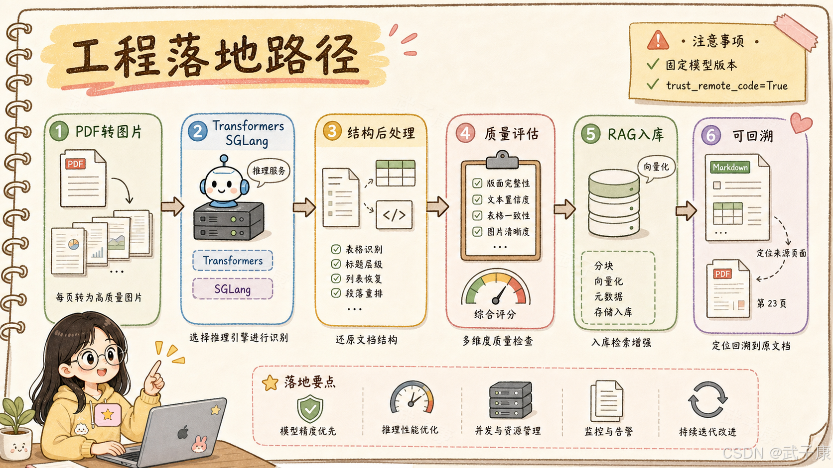 工程落地路径：PDF转图片 → Transformers/SGLang 推理服务 → 结构后处理（表格/标题/列表/段落）→ 多维度质量评估 → RAG 入库（分块/向量化/元数据/存储）→ 可回溯到原始页码，并标注固定模型版本、信任 remote_code、持续迭代改进
