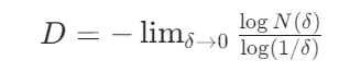 D：[D = -\lim_{\delta\to0}\frac{\log N(\delta)}{\log(1/\delta)}]