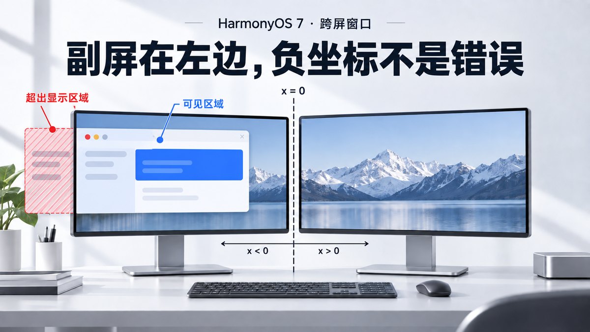 HarmonyOS 7 鸿蒙电脑跨屏窗口：负坐标不是异常，弹层怎样裁剪到当前显示区域