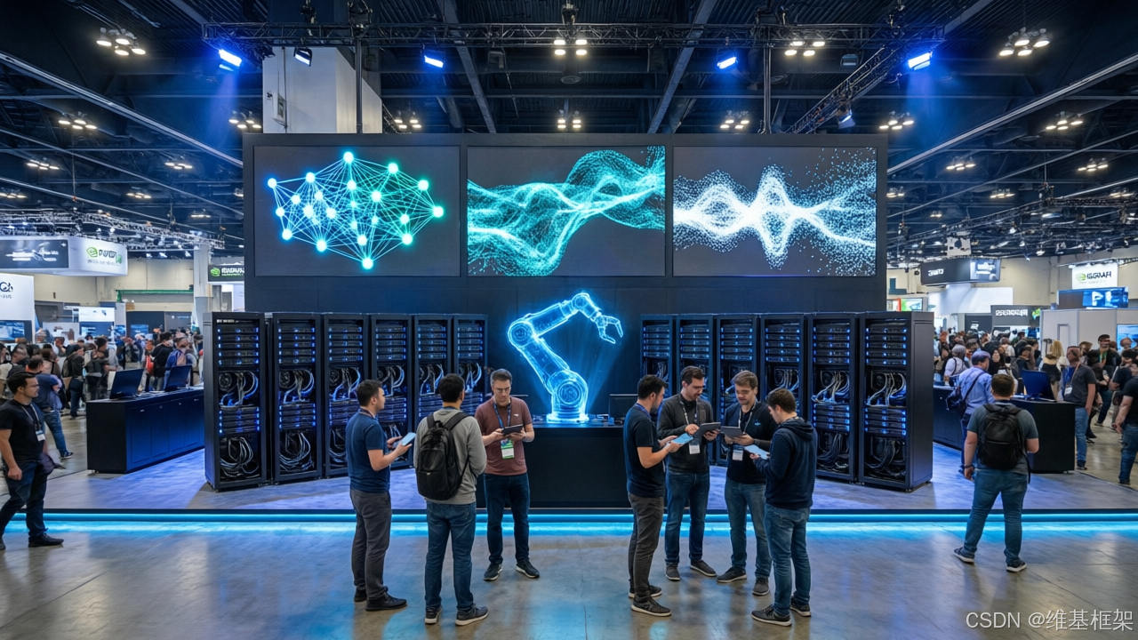 NVIDIA at SIGGRAPH 2026 - GPU server racks with holographic AI visualizations, futuristic conference hall with massive displays showing neural networks and physical AI simulation, blue and neon lighting