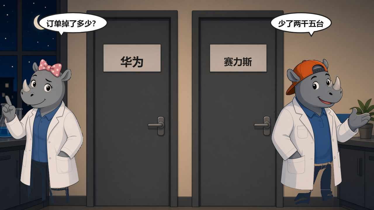 女犀牛问订单掉了多少，男犀牛说少了两千五台