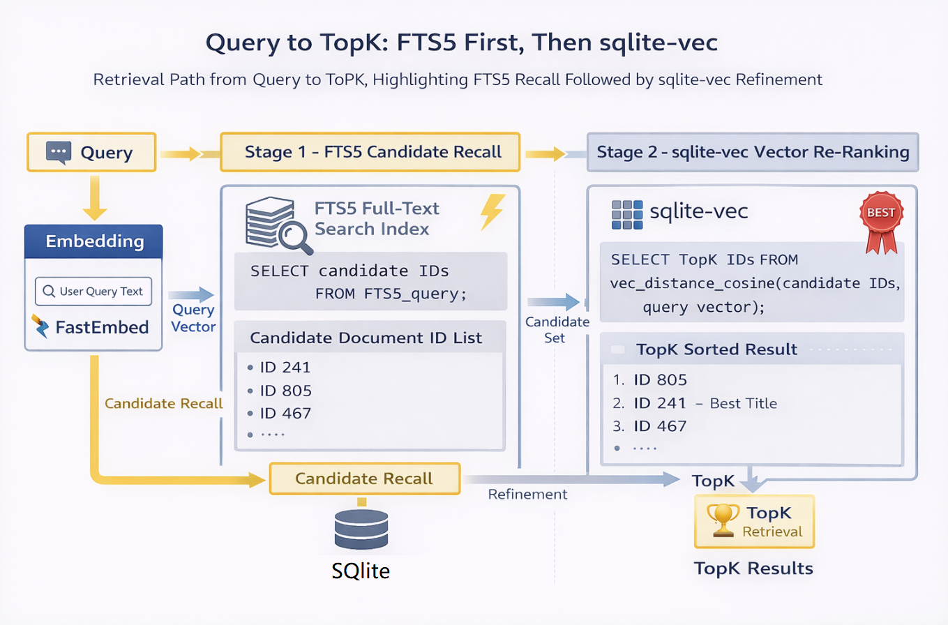 FTS5 候选召回 → sqlite-vec 精排 → TopK 返回