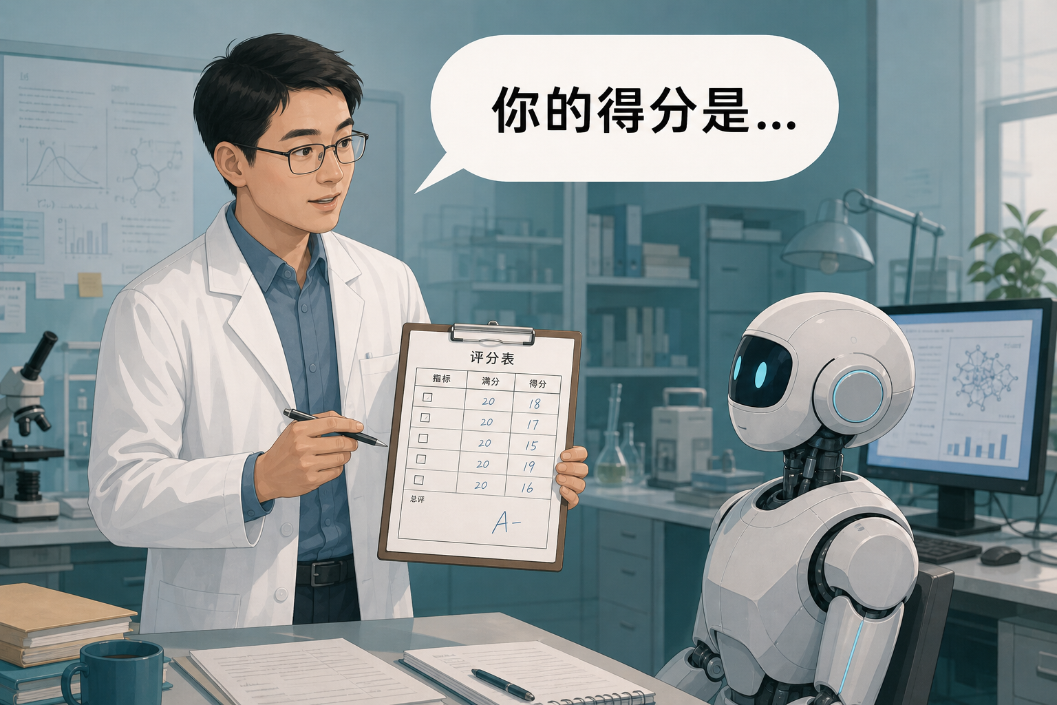 研究者拿着打分表对机器人说你的得分是
