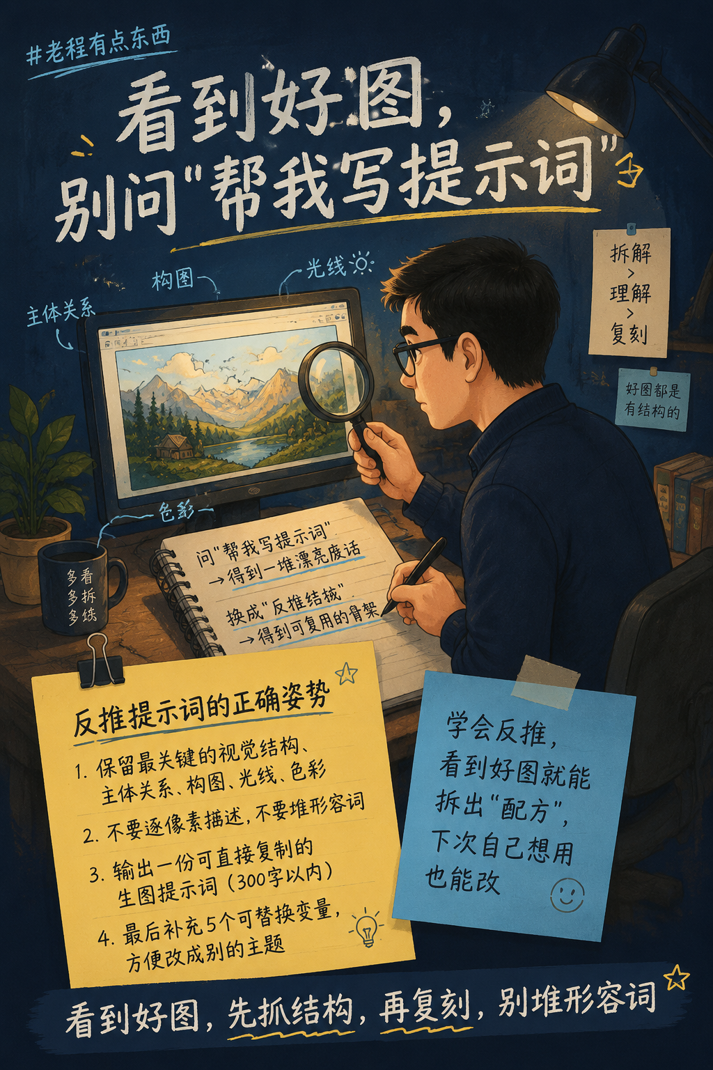 抓结构→不堆形容词→输出可复制提示词描述