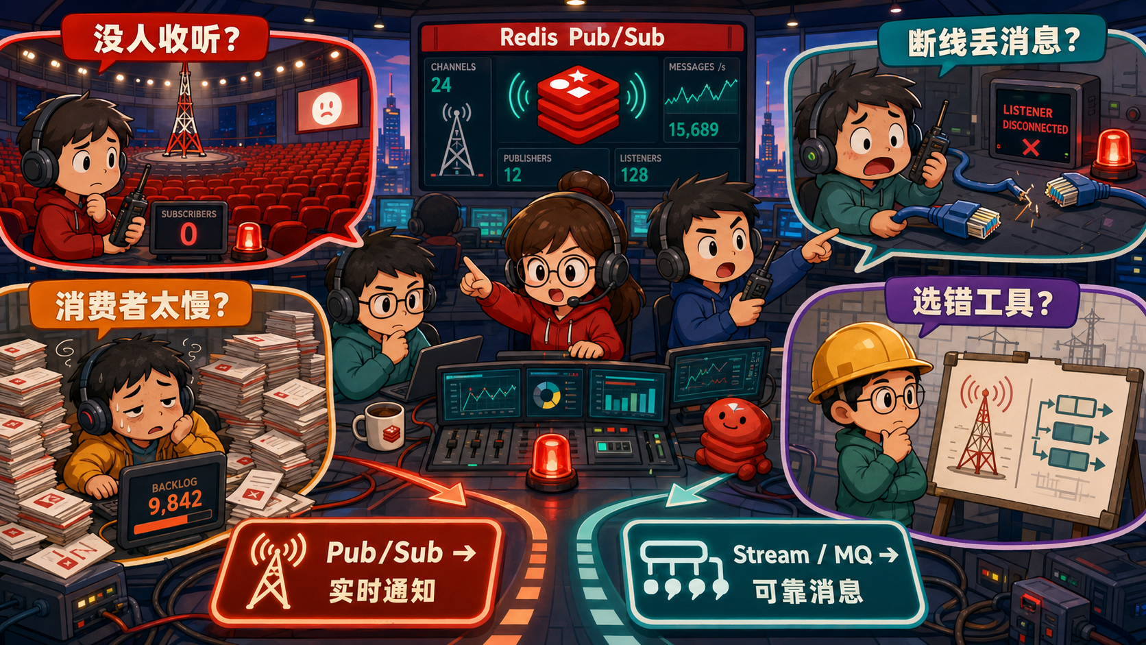 Redis Pub/Sub 无订阅者、断线、慢消费者与技术选型排查