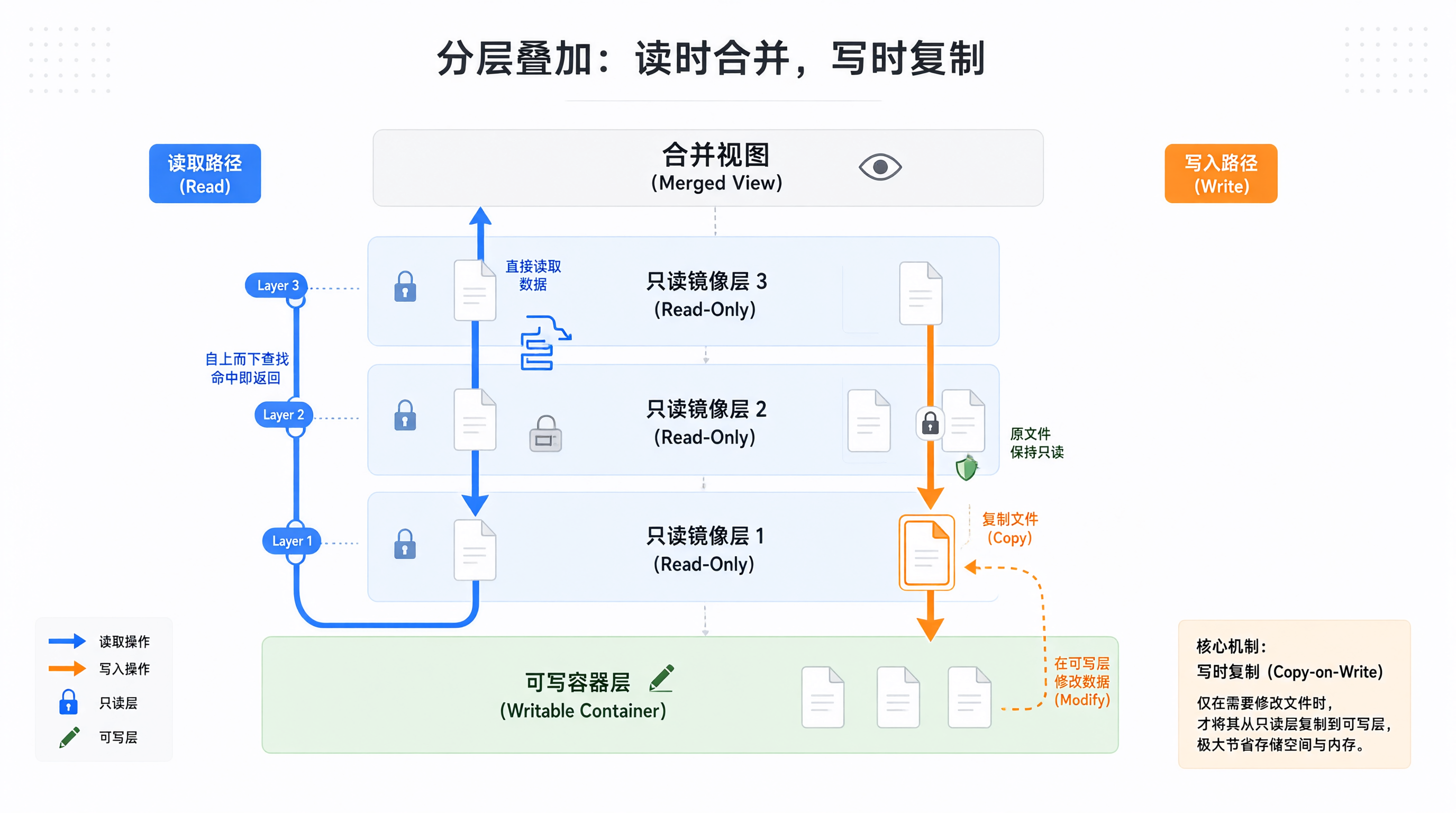 分层叠加:读时合并,写时复制