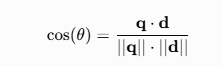 [
\cos(\theta) = \frac{\mathbf{q} \cdot \mathbf{d}}{||\mathbf{q}|| \cdot ||\mathbf{d}||}
]