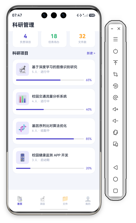 科研管理首页首屏 · 科研管理Header+3栏统计(负责项目4蓝/任务待办18绿/文件数32橙)+科研项目+4张项目卡(深度学习识别65%/交通流量40%/基因比对85%/健康APP 20%)