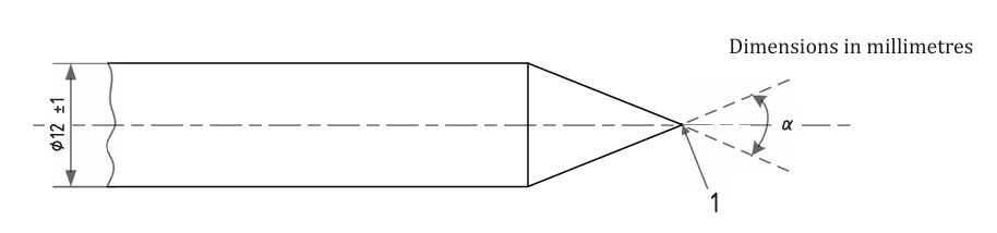 通常由不锈钢制成。对引脚进行接触放电时,可调整放电尖端形状。尖端直径应为 12 毫米 ±1 毫米,可配备用于安全接触的弹簧,弯曲角度不超过 90°。改装后的尖端产生的电流波形应符合规定要求,尖角 α 应在 25°~40° 之间。