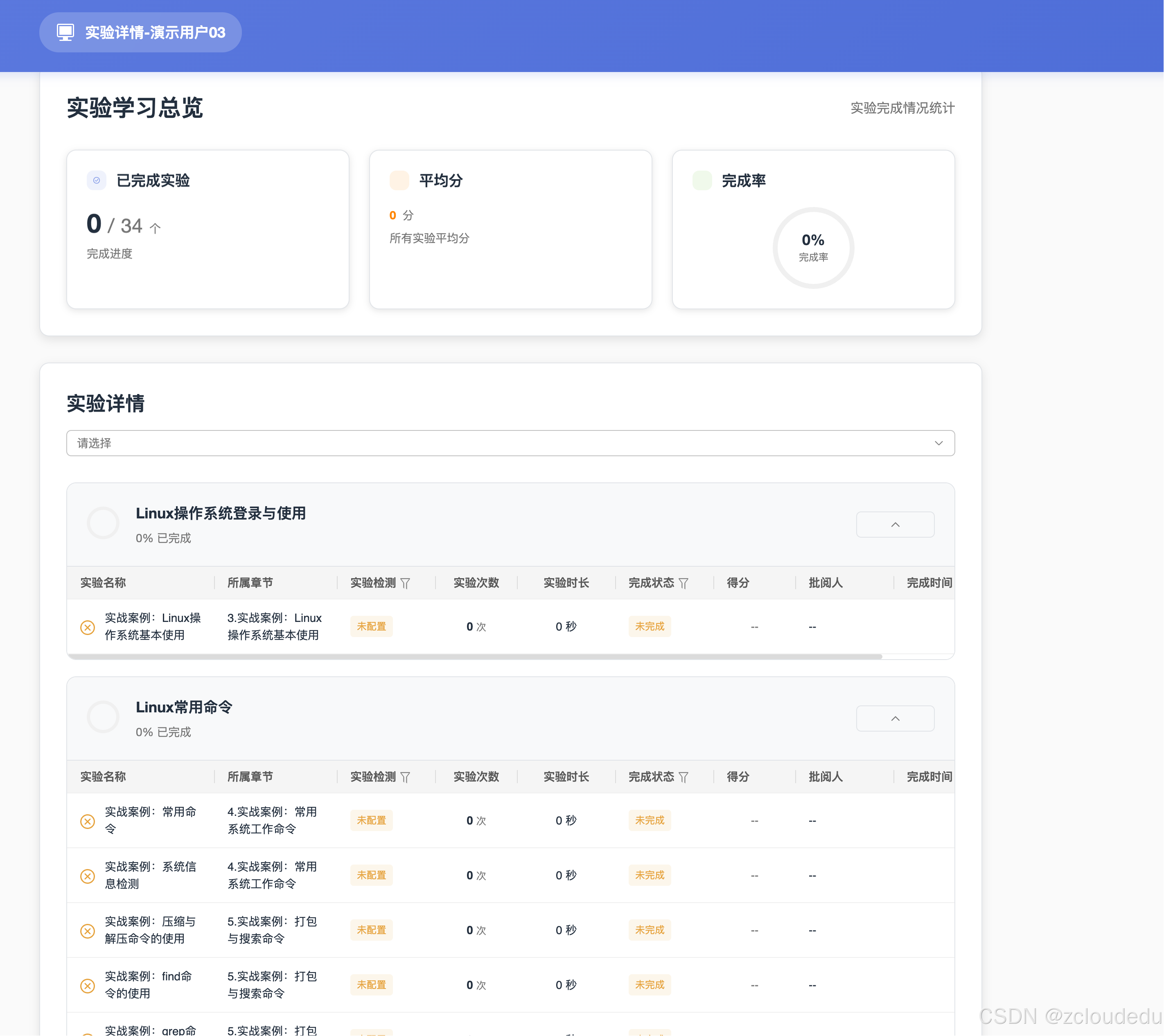 ZCloud云实验室-实验学习情况