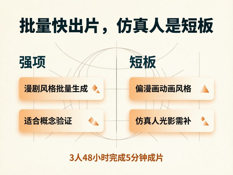 3人48小时出5分钟成片，漫剧批量生成是强项，仿真人是短板；第三款工具紧随其后。