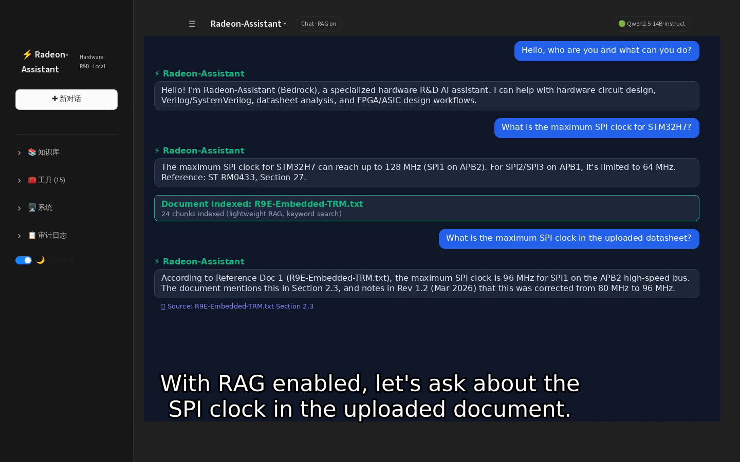RAG 问答实际效果：上传文档后查询 SPI 时钟频率，回答带 Source 溯源