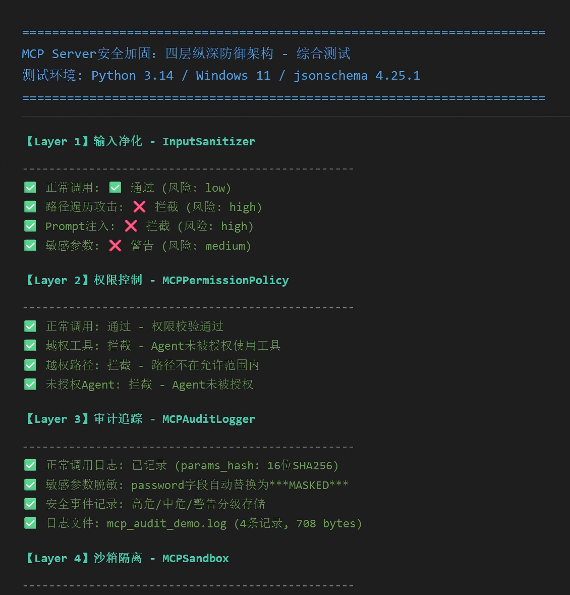 MCP Server四层防御综合测试结果