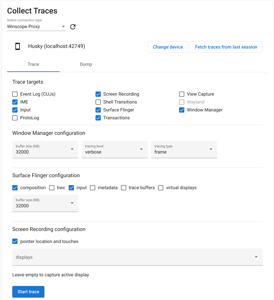 在 Winscope 中收集跟踪记录