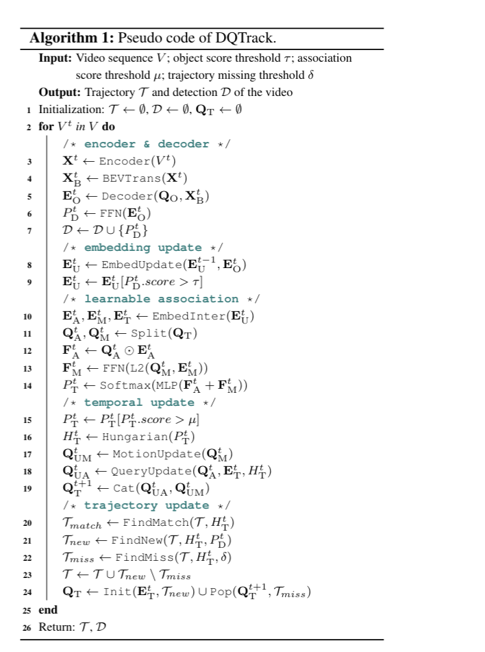 Model part Track input
{
detection得输出
Output embeding
Query embeding
Ref points
Detection result (boxes, cls)
Update part:
Detection valid mask # update by detection
track valid  mask # update by each frame end
}
/*encoder & decoder*/
/*embedding update*/
/*learnable association*/
output det2track_mat