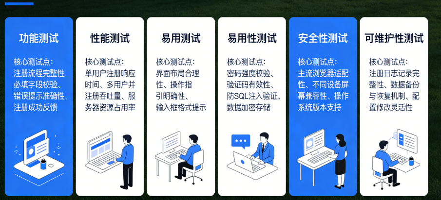【配图建议：注册功能测试点全景图，按6大质量特性分类，列出每个特性下的核心测试点，新手可以直接照着用】
