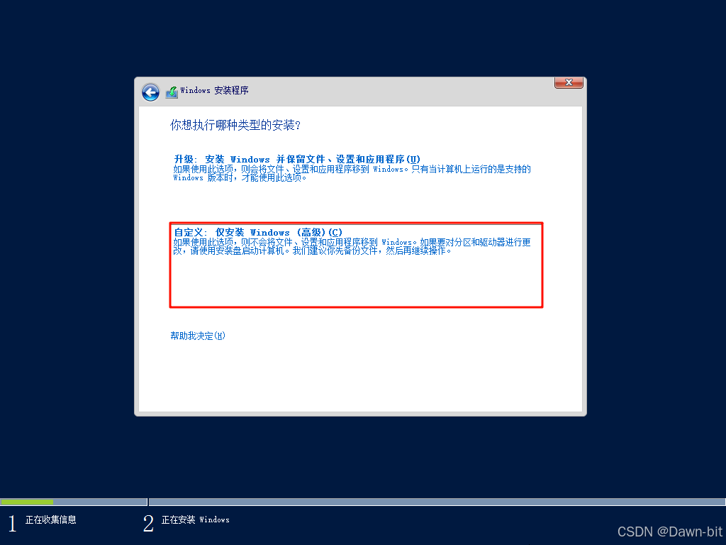 选择 Windows Server 自定义安装