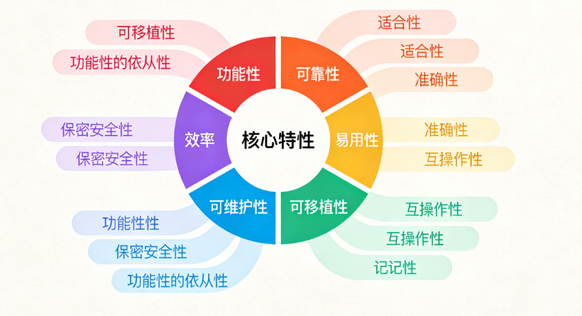 【配图建议：ISO9126软件质量模型金字塔/环形结构图，中心标注6大核心特性，每个特性展开对应的子特性，彩色可视化呈现，清晰好记】