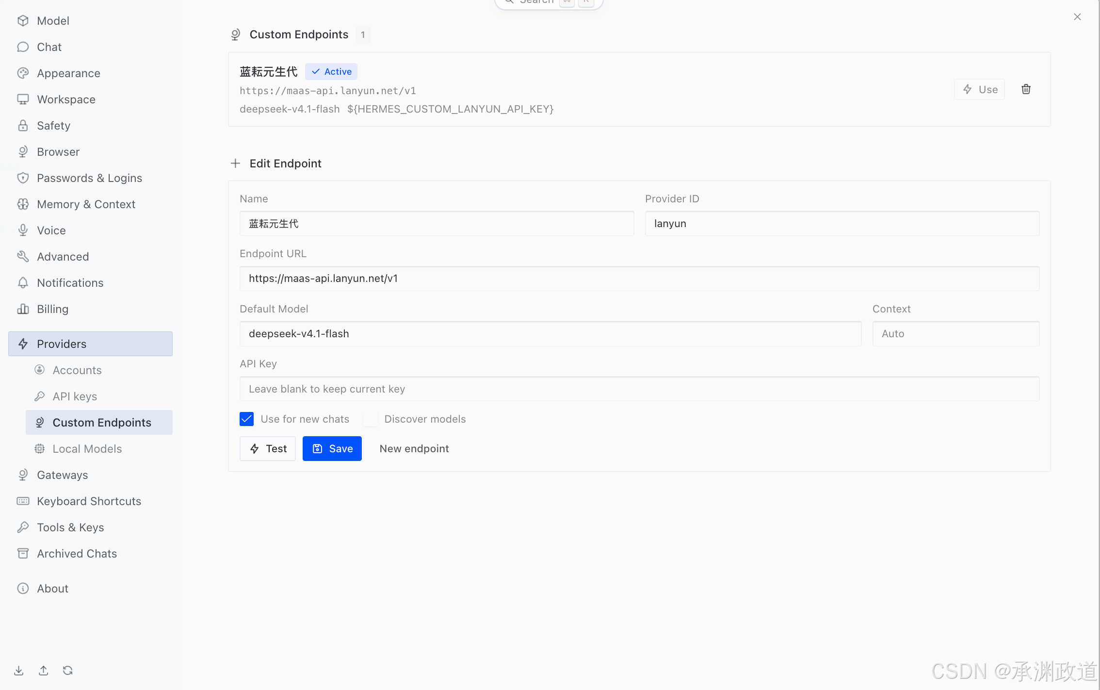 Hermes 保存蓝耘自定义 Endpoint 后显示 Active