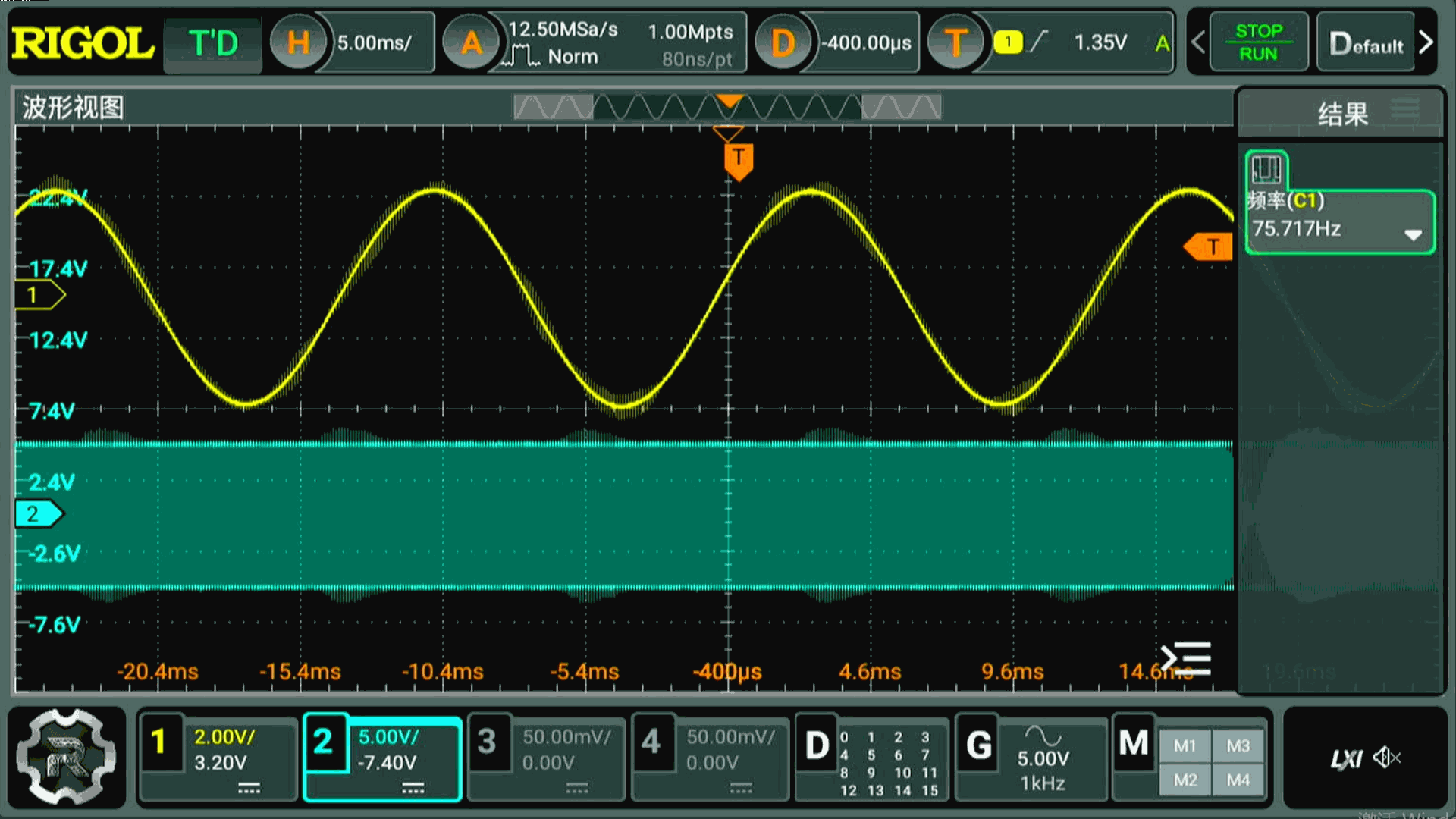 ▲ 图1.4.1  模拟开关频率为10kHz， 占空比为50% 对应的输出